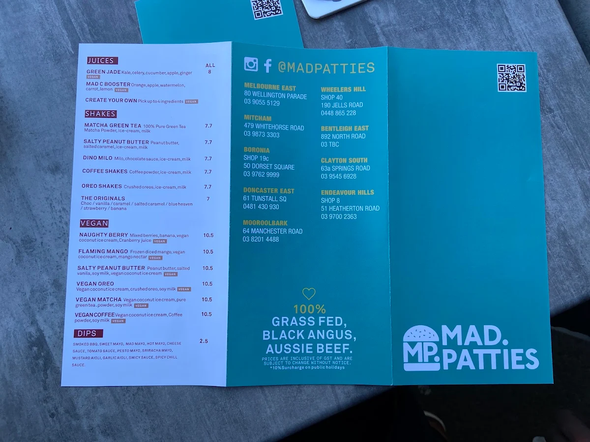 Menu, Mad Patties Mitcham