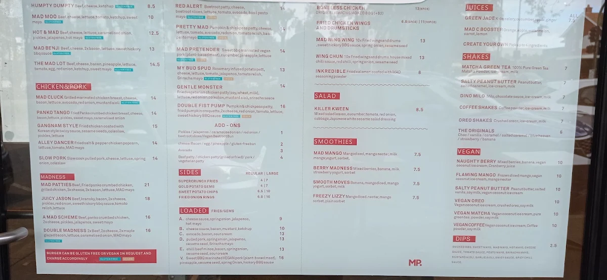 Menu, Mad Patties Mitcham