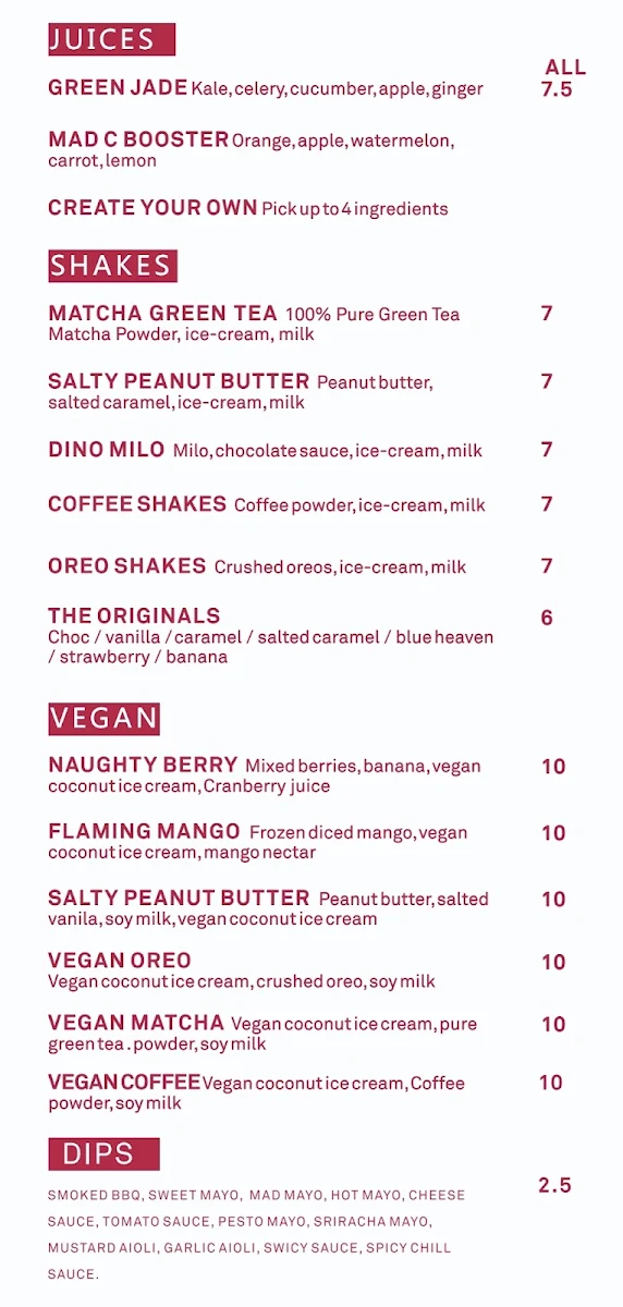 Menu, Mad Patties Mitcham