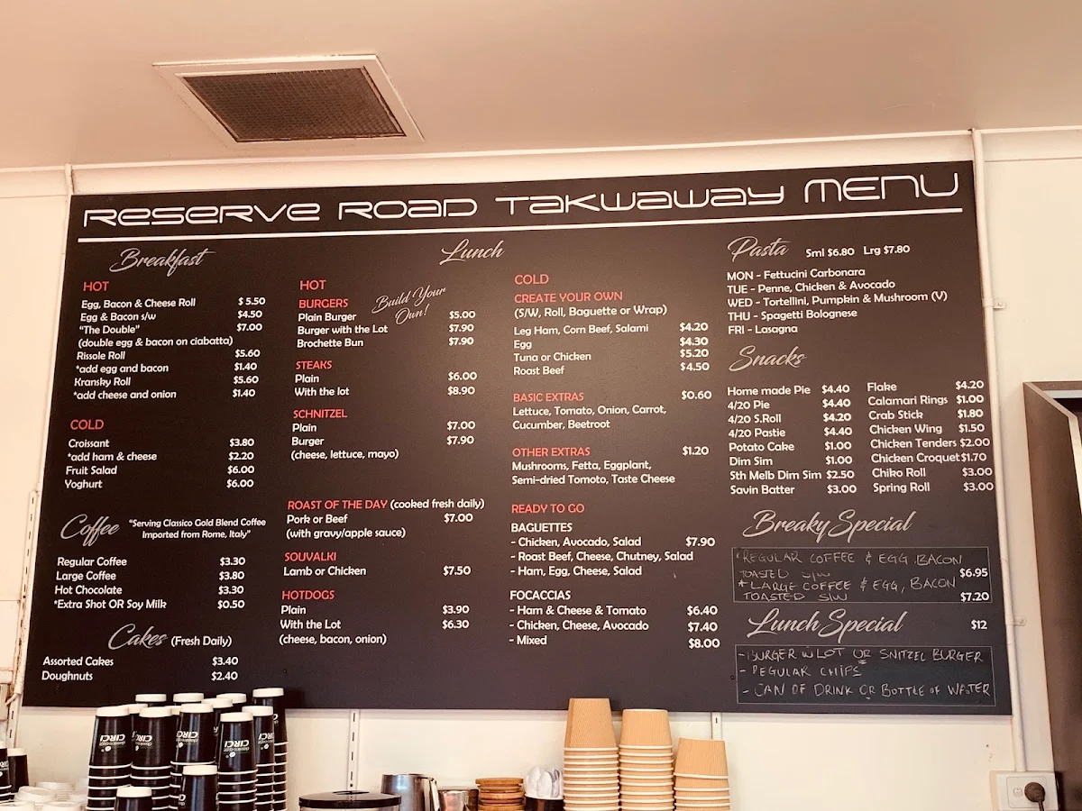 Menu, Reserve Road Sandwich bar and takeaway