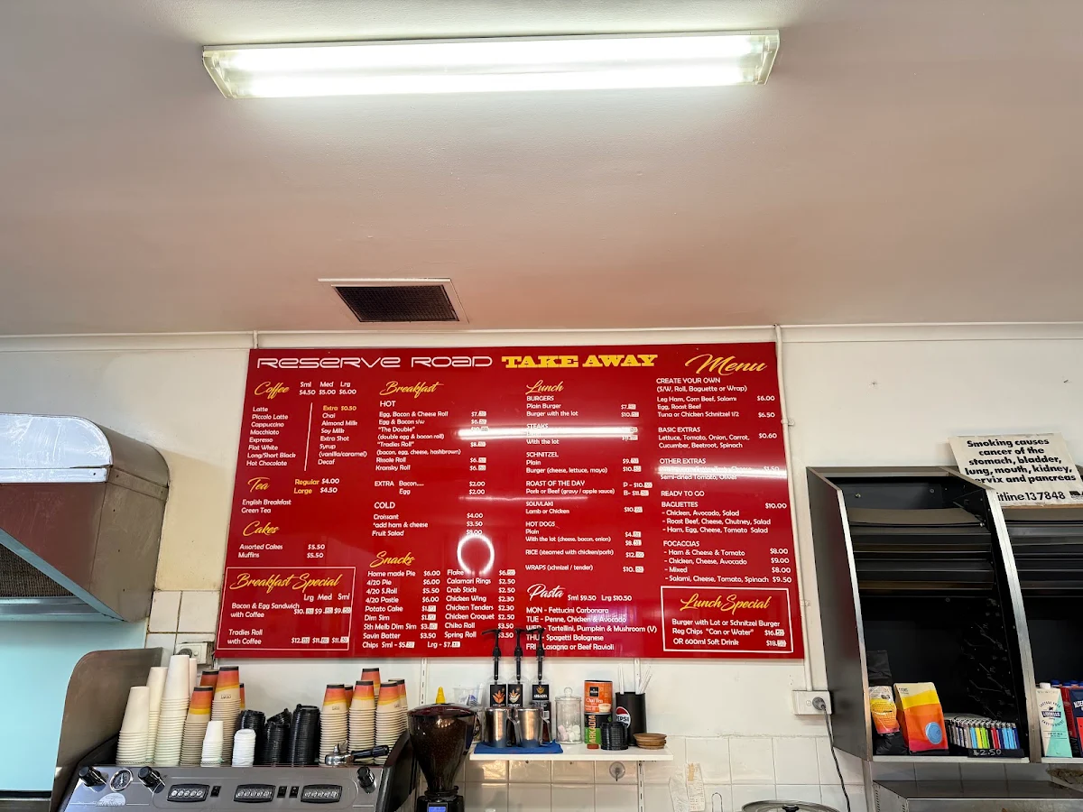 Menu, Reserve Road Sandwich bar and takeaway