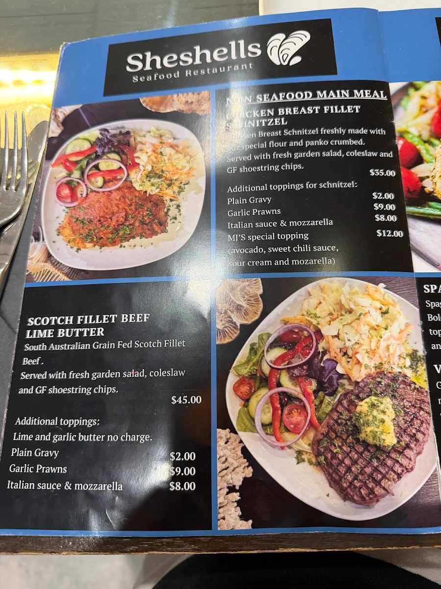 Menu, SheShells Restaurant