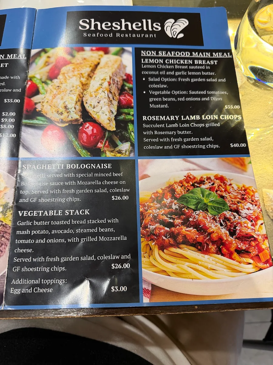 Menu, SheShells Restaurant