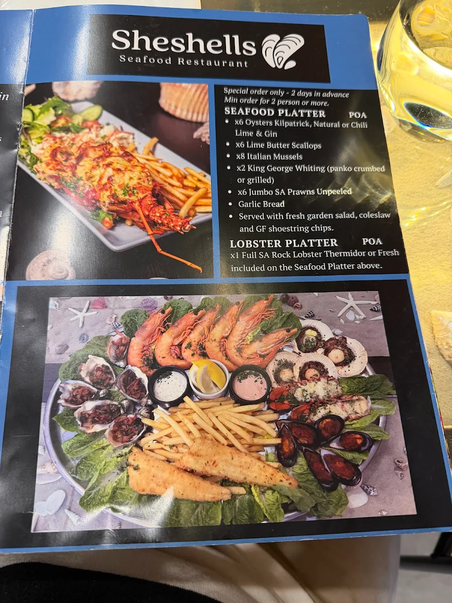 Menu, SheShells Restaurant