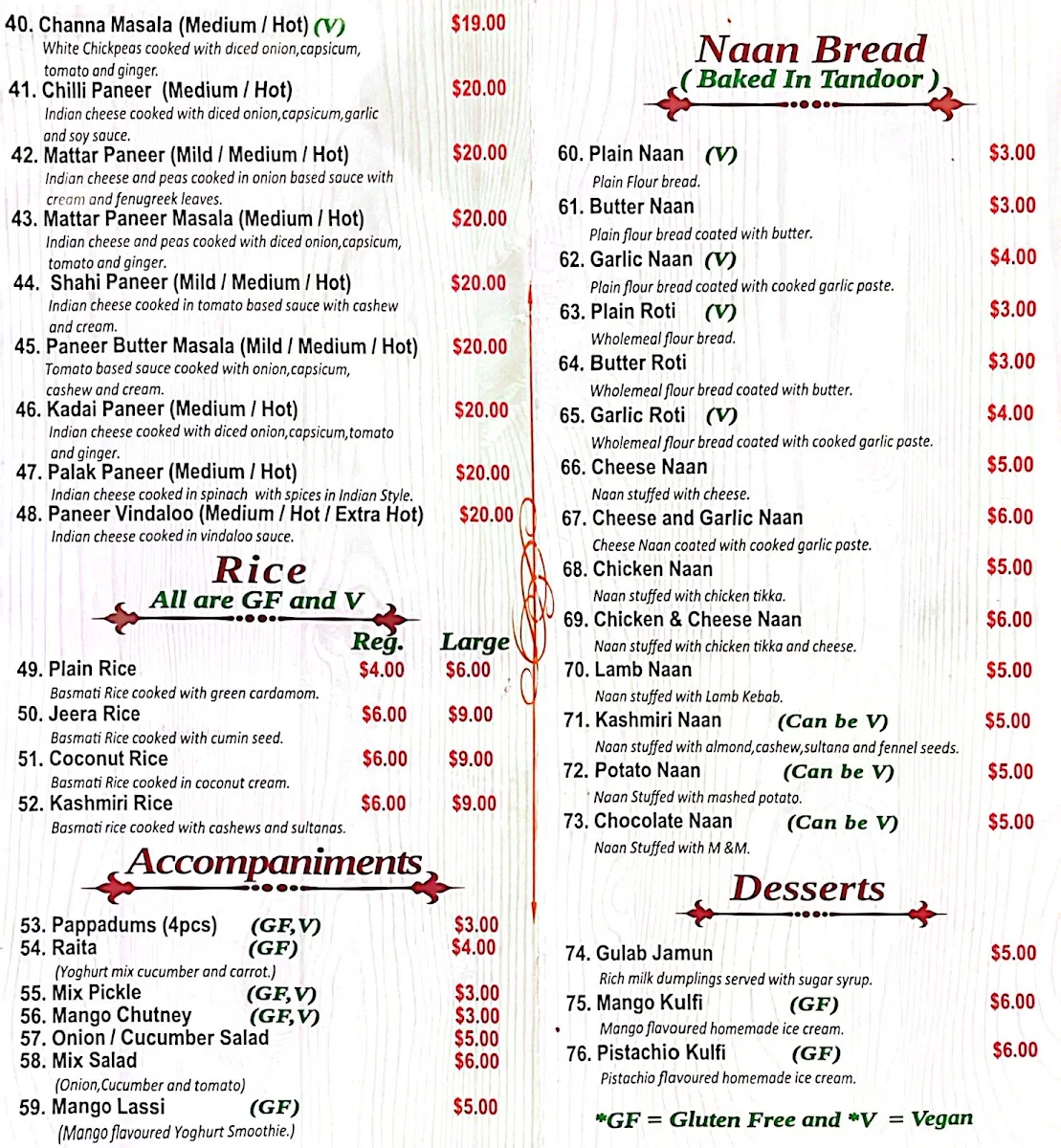 Menu, Singh Indian Curry House