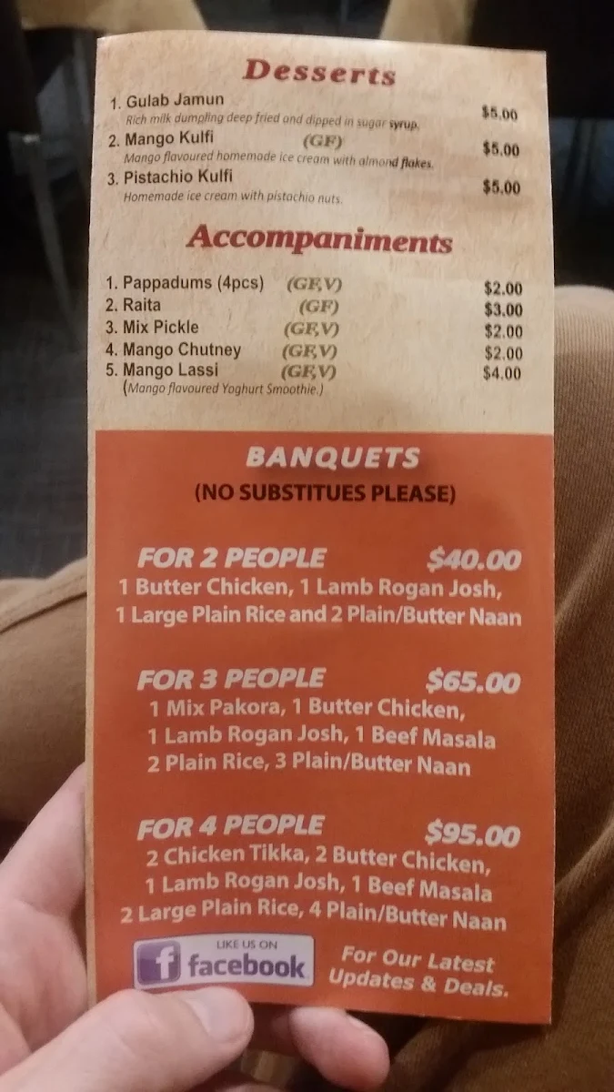 Menu, Singh Indian Curry House