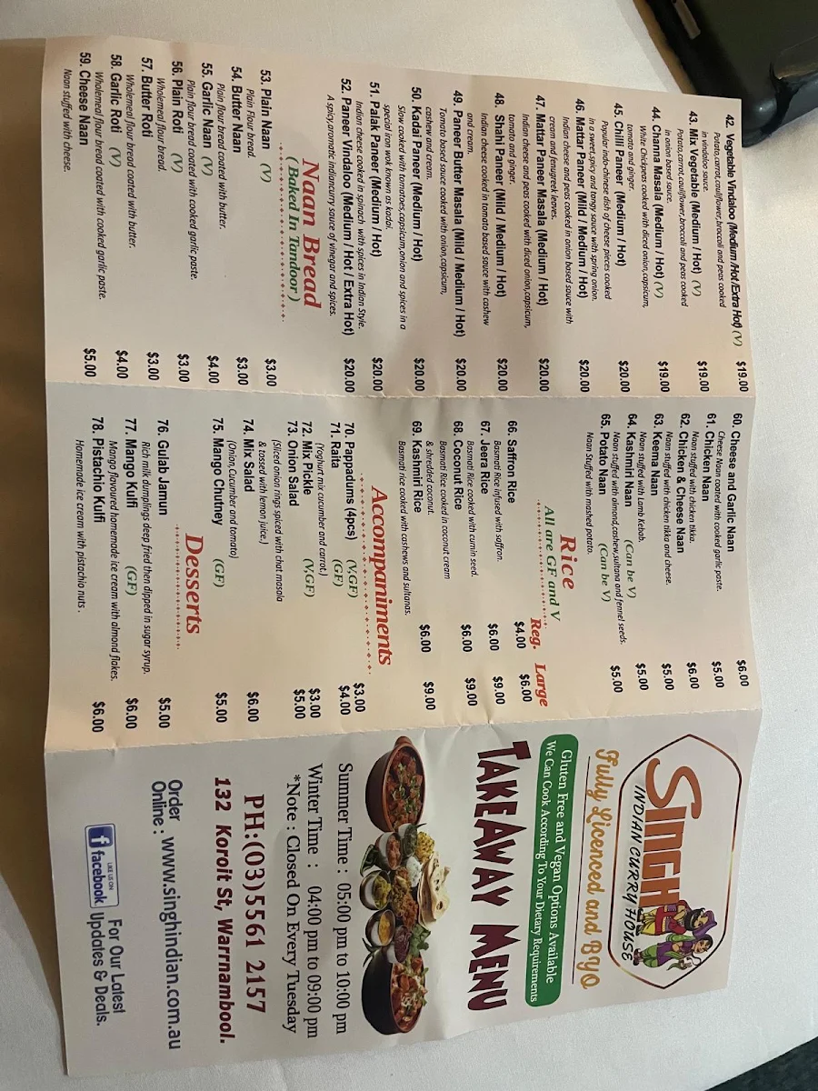 Menu, Singh Indian Curry House