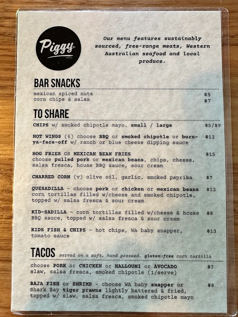 Menu, Piggy Food Co