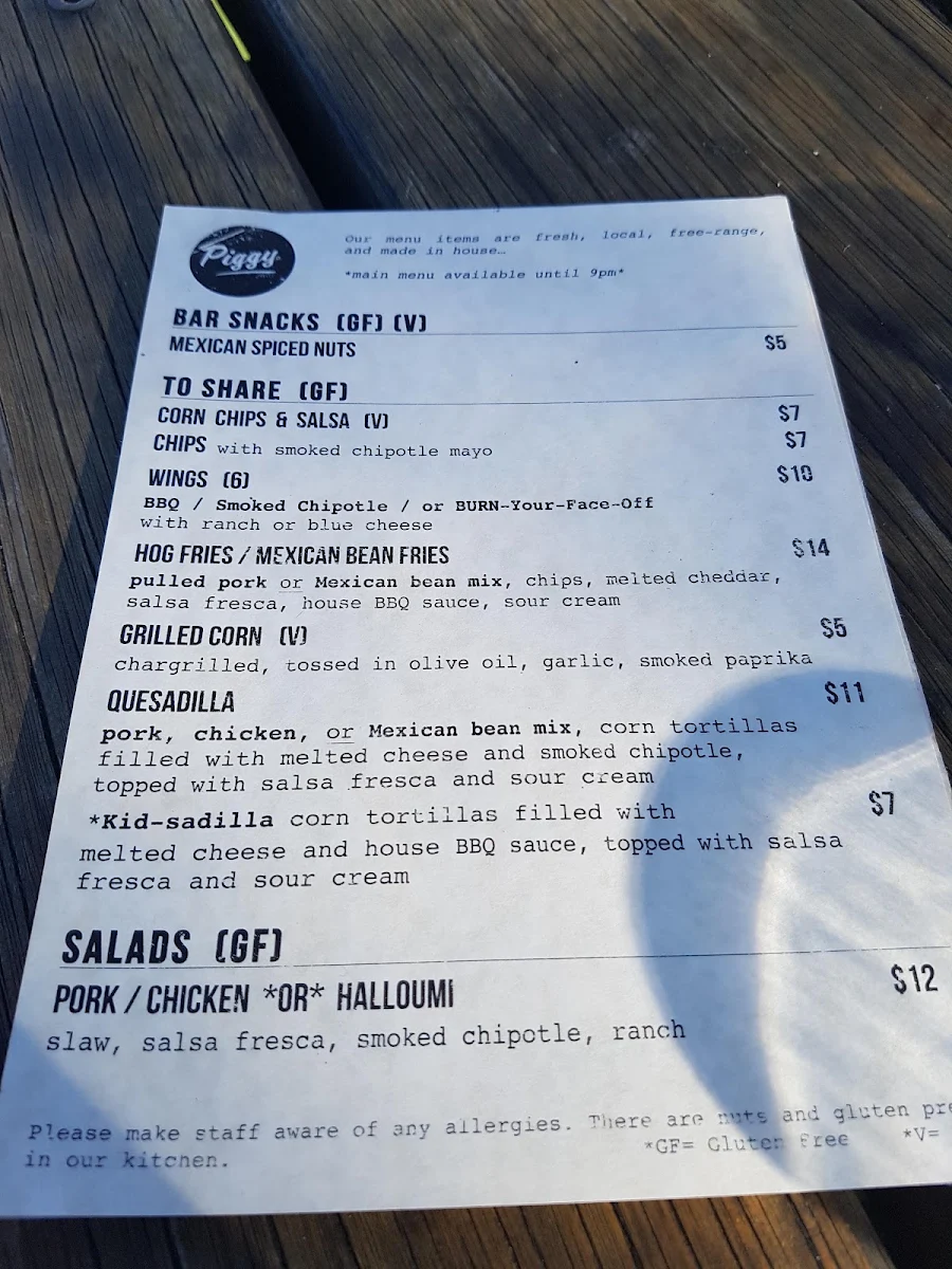 Menu, Piggy Food Co