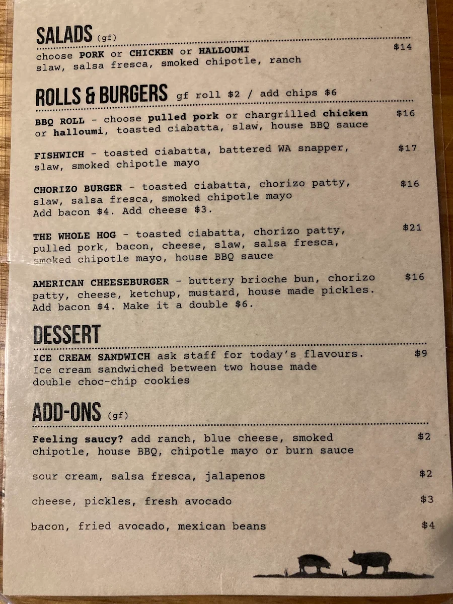 Menu, Piggy Food Co