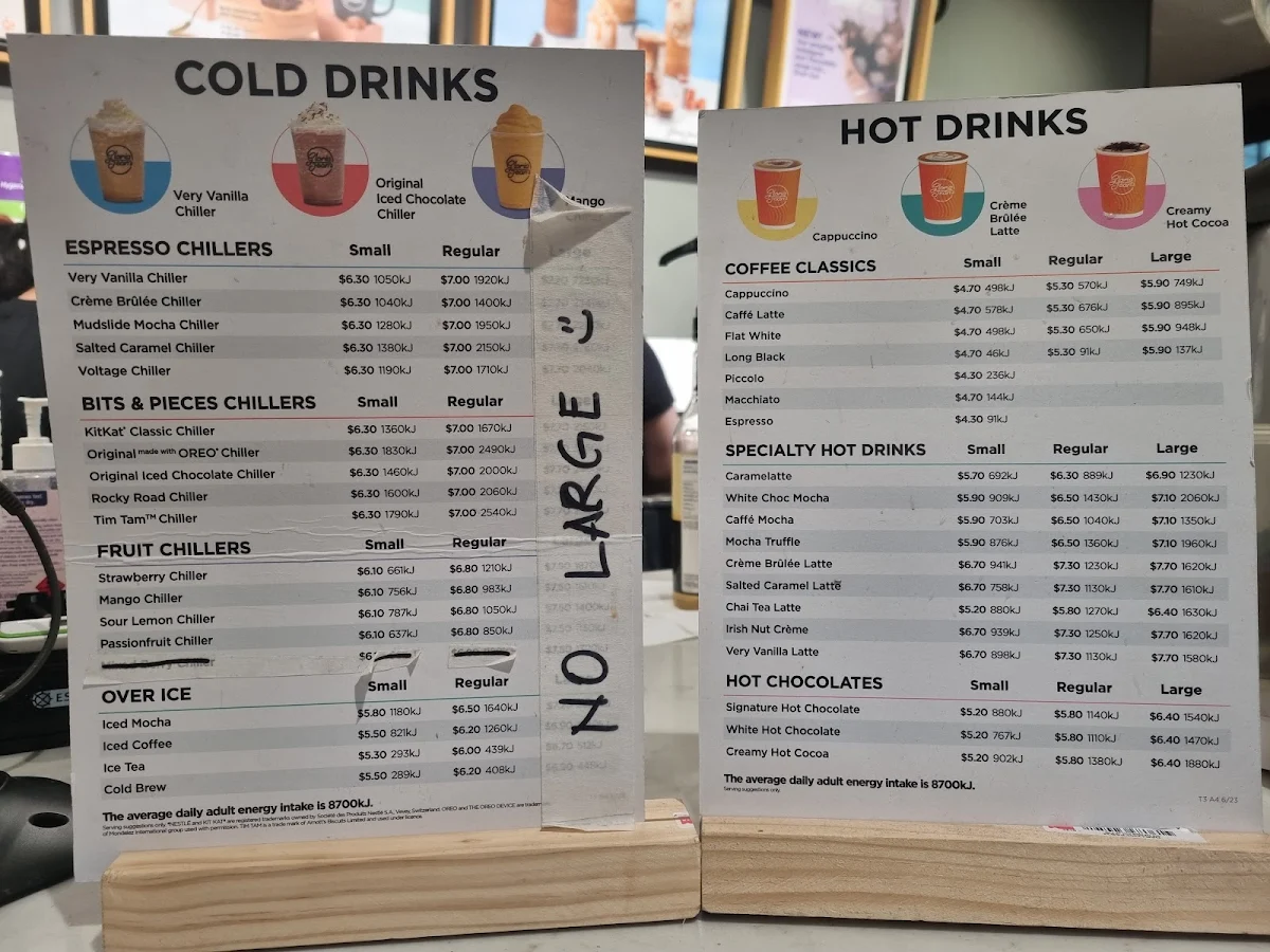 Menu, Gloria Jean's Blacktown Hospital