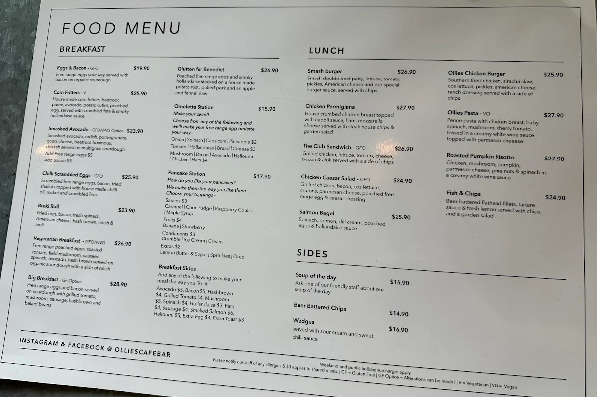 Menu, Ollie's cafe bar