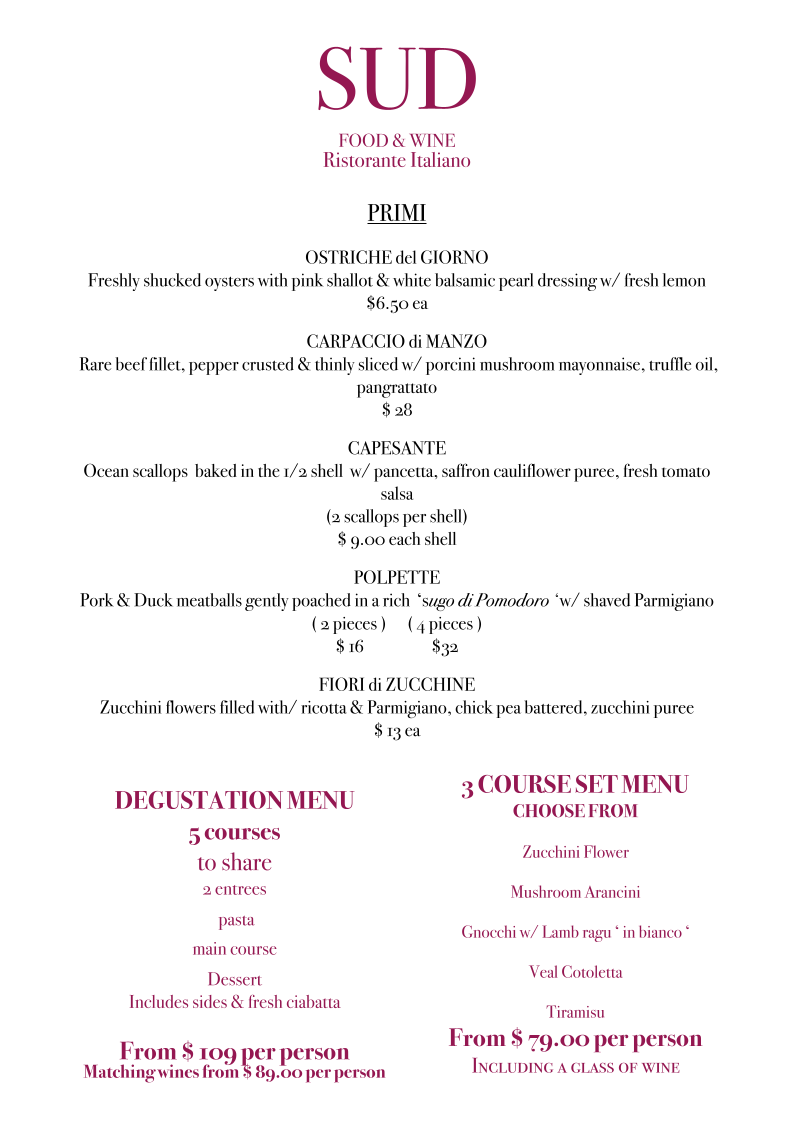 Menu, SUD Food and Wine