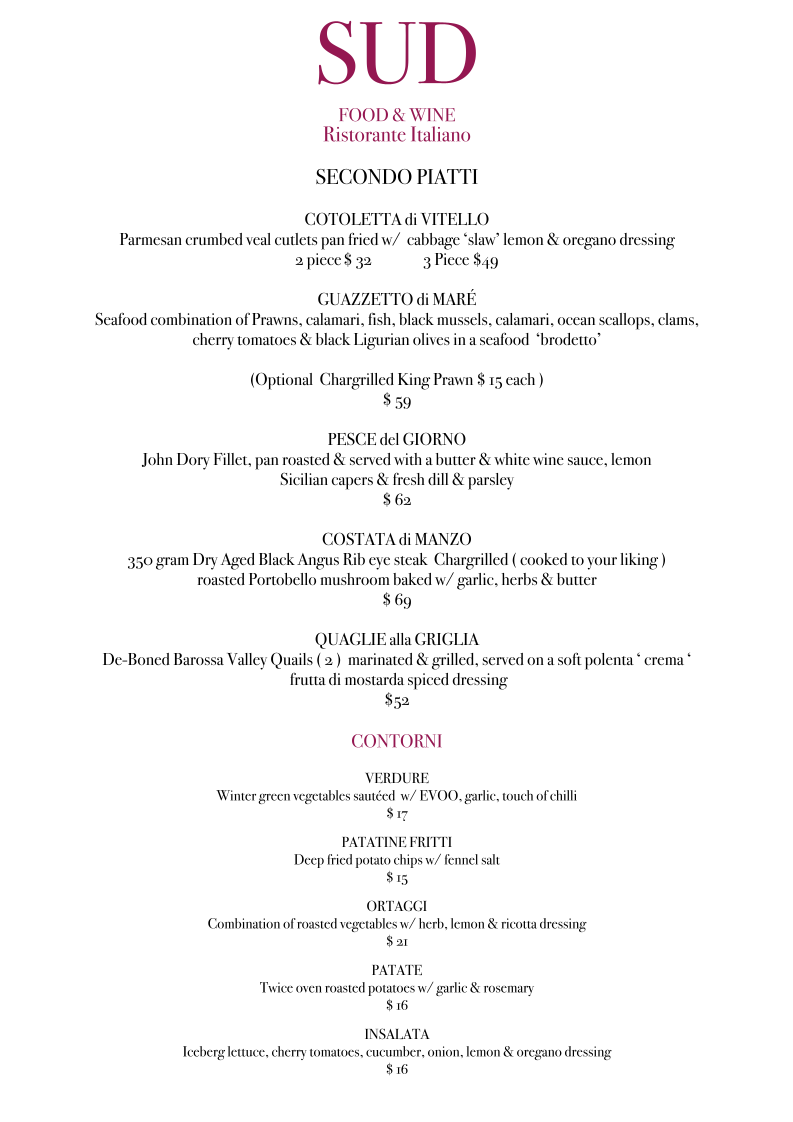 Menu, SUD Food and Wine
