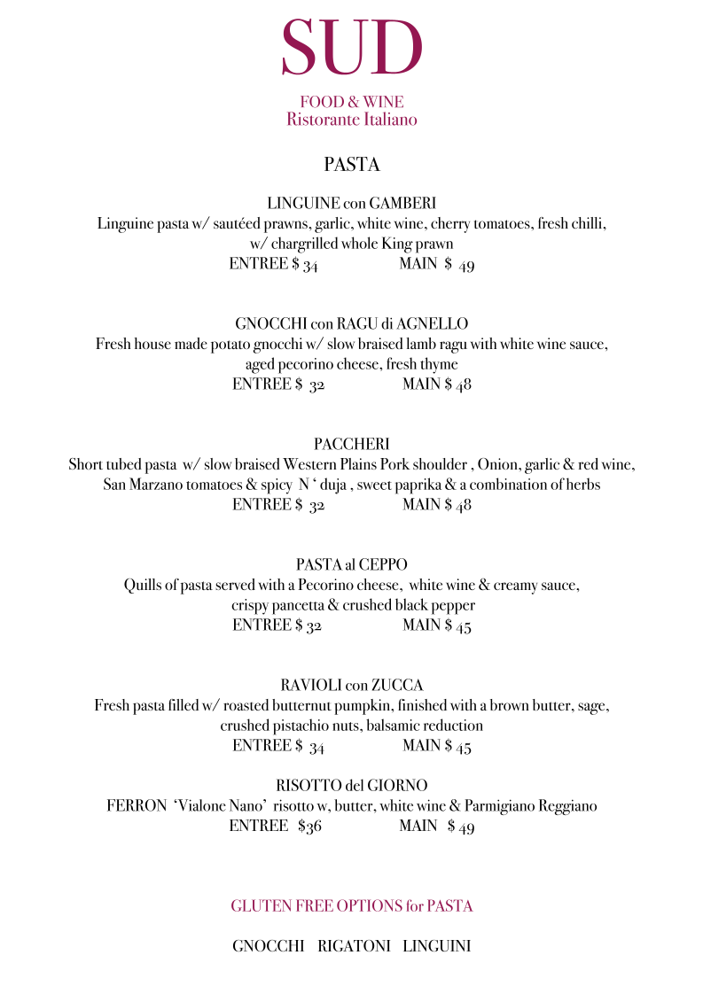 Menu, SUD Food and Wine