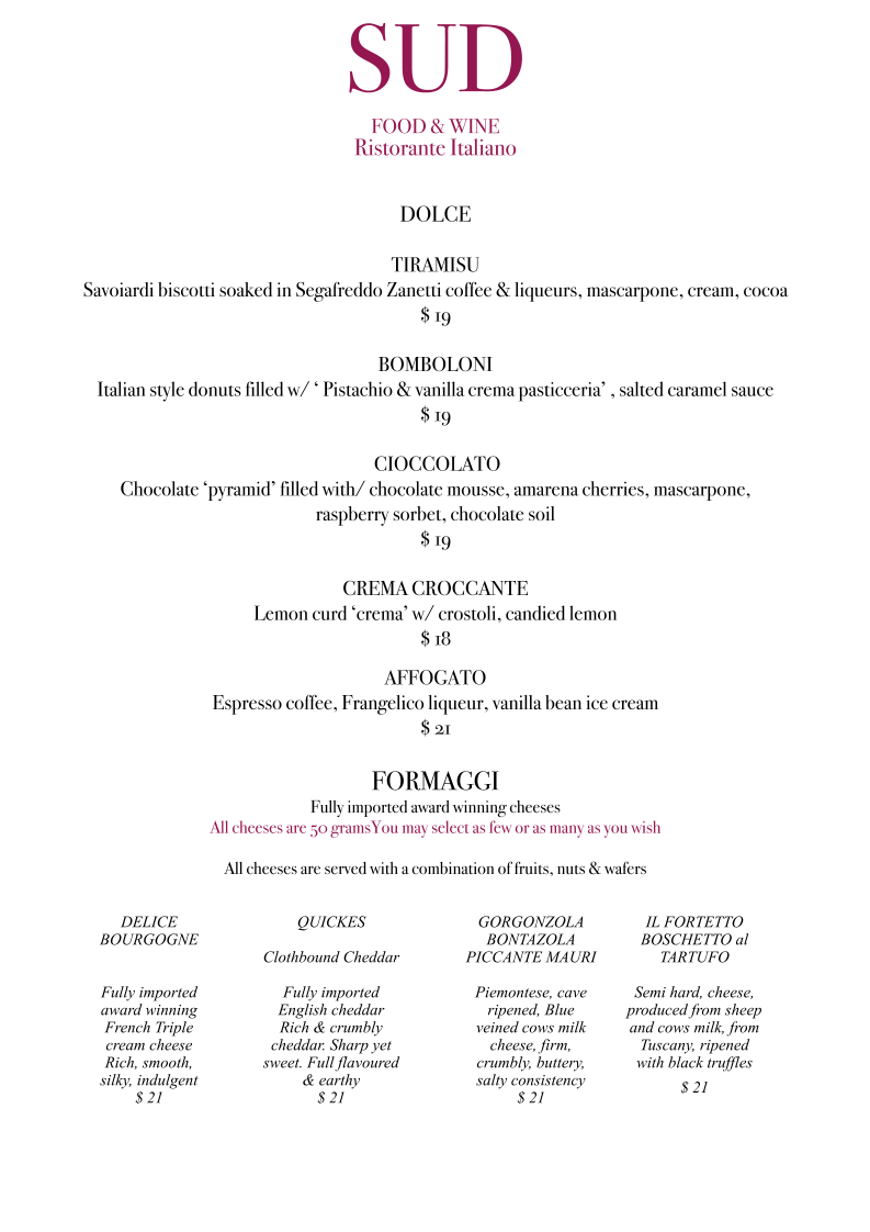Menu, SUD Food and Wine
