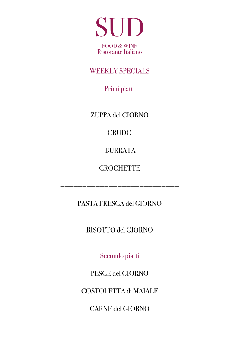 Menu, SUD Food and Wine