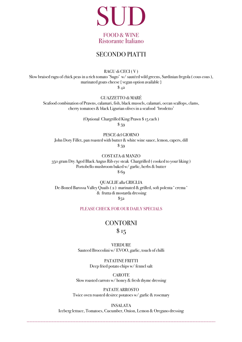Menu, SUD Food and Wine