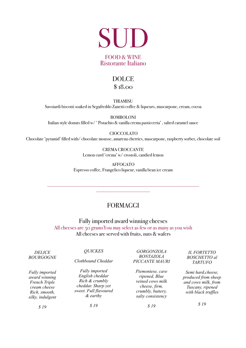 Menu, SUD Food and Wine