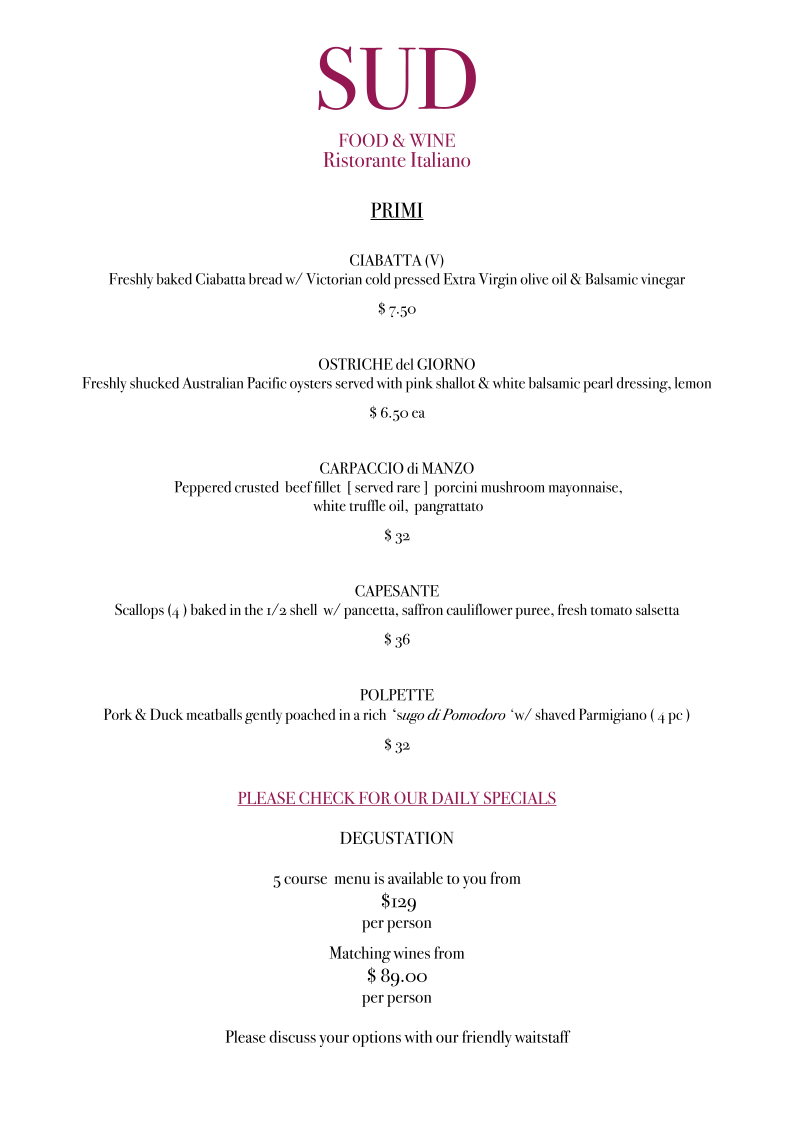 Menu, SUD Food and Wine