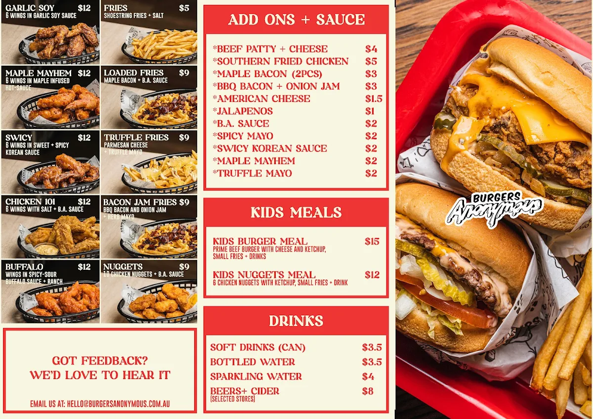 Menu, Burgers Anonymous