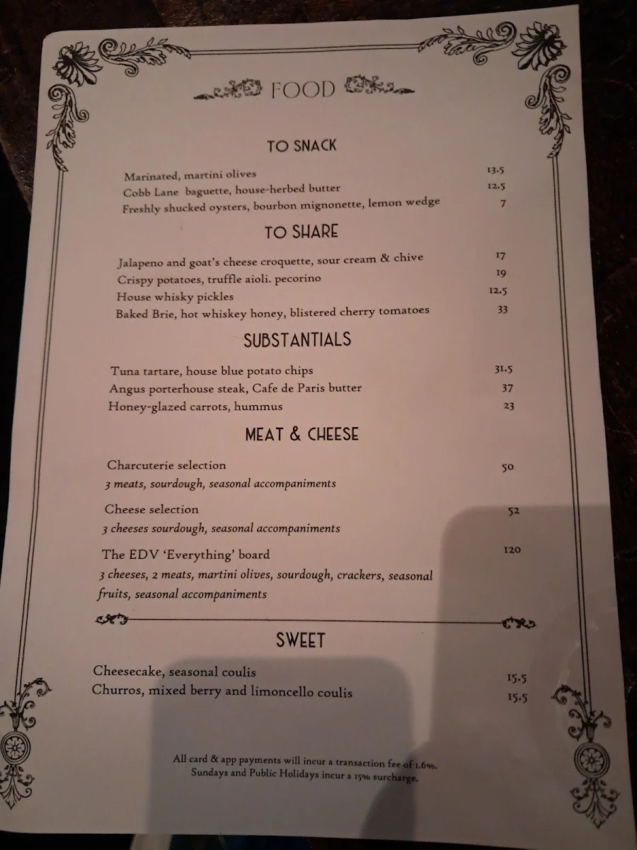 Menu, Eau De Vie Melbourne