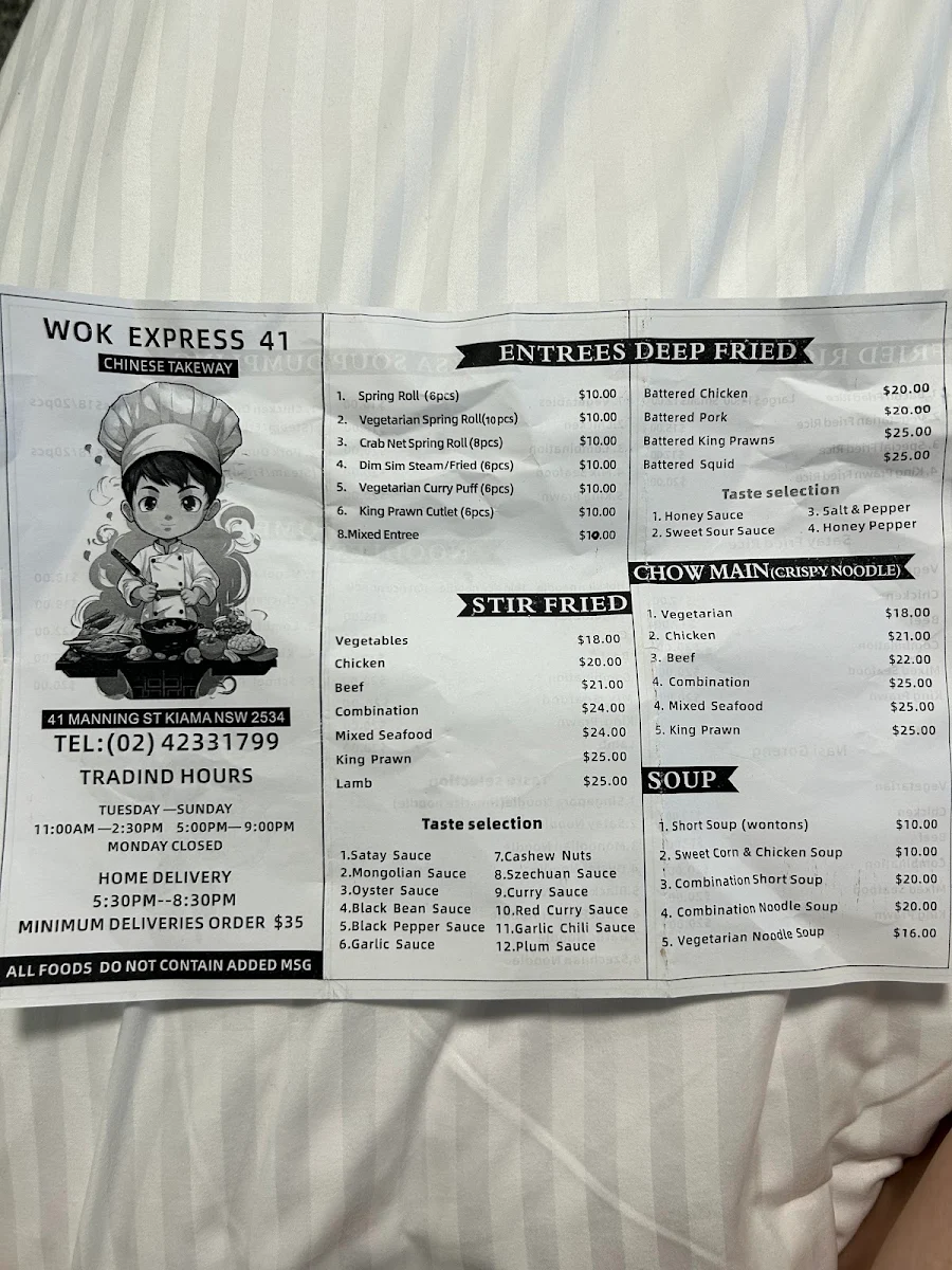 Menu, Wok Express 41 Chinese restaurant