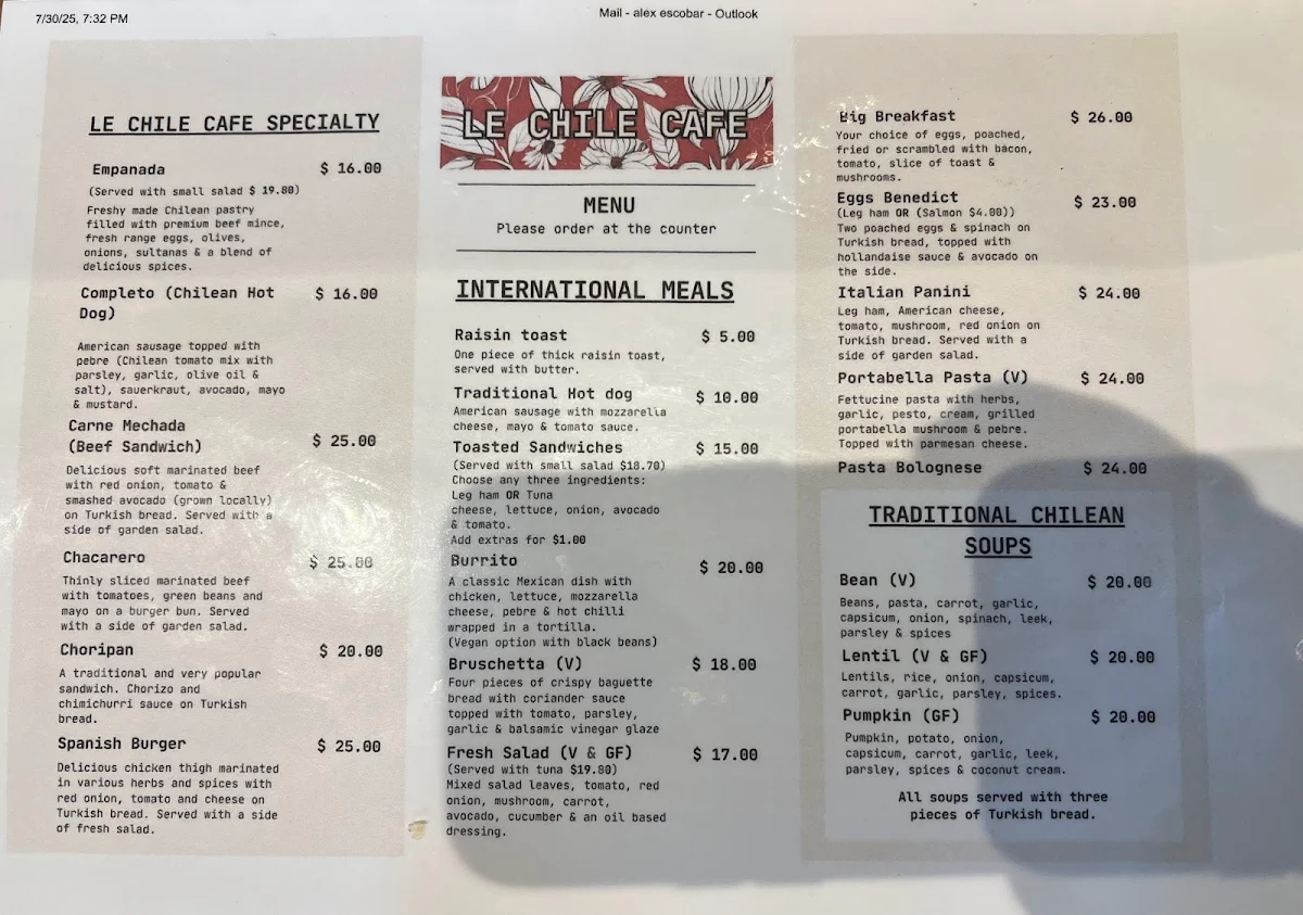 Menu, Le Chile Cafe
