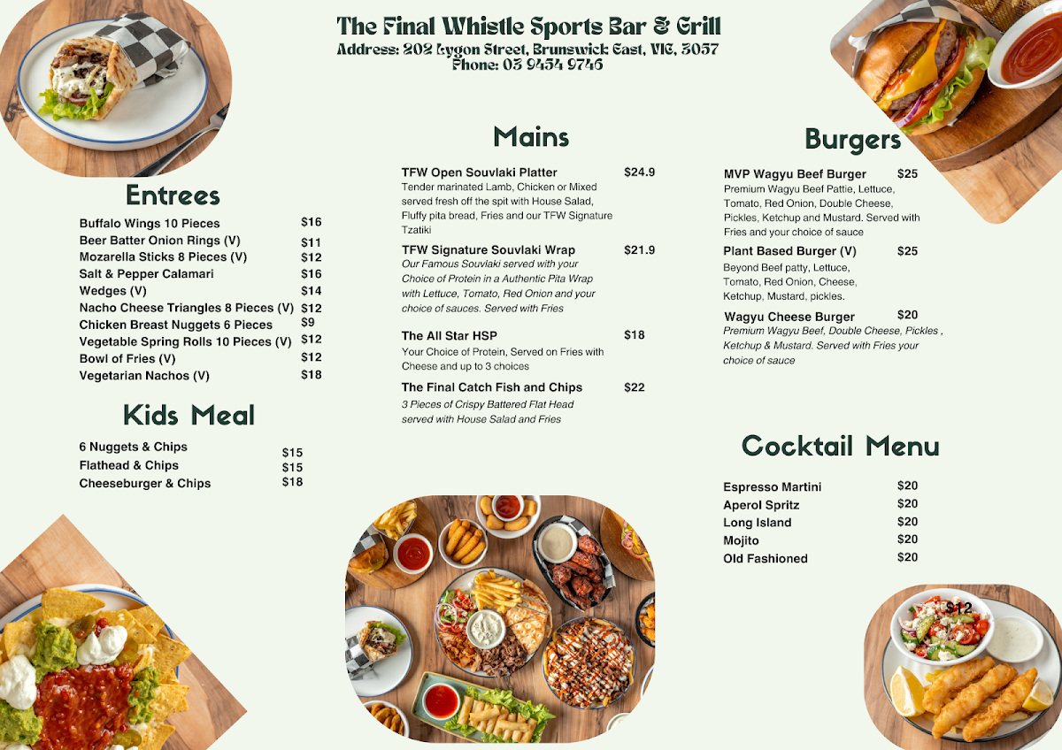 Menu, The Final Whistle Sports Bar & Grill