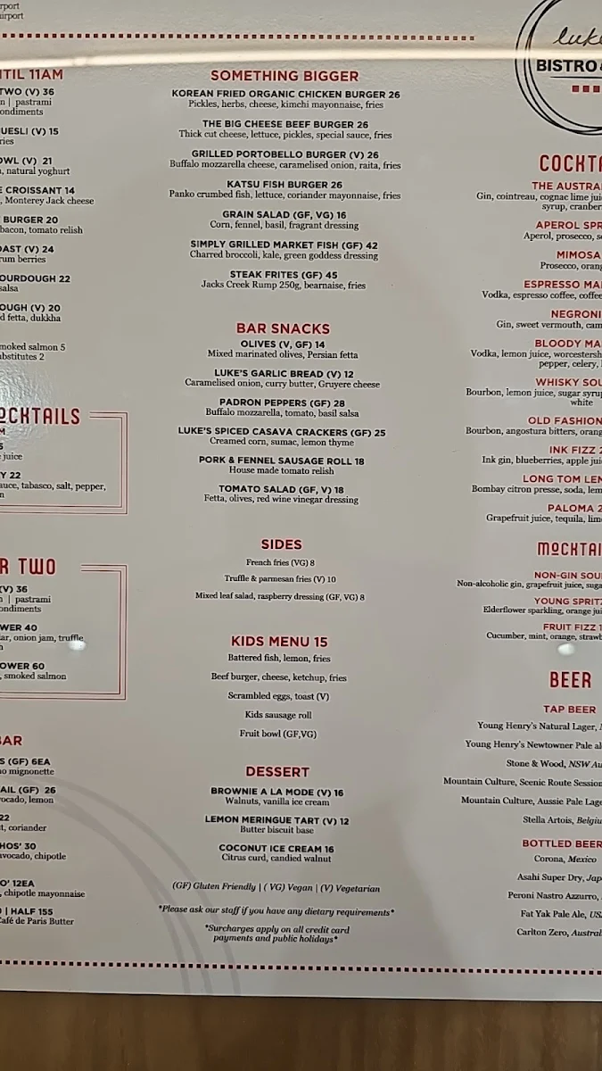 Menu, Luke's Bistro & Bar