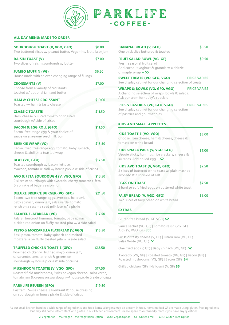 Menu, Parklife Coffee