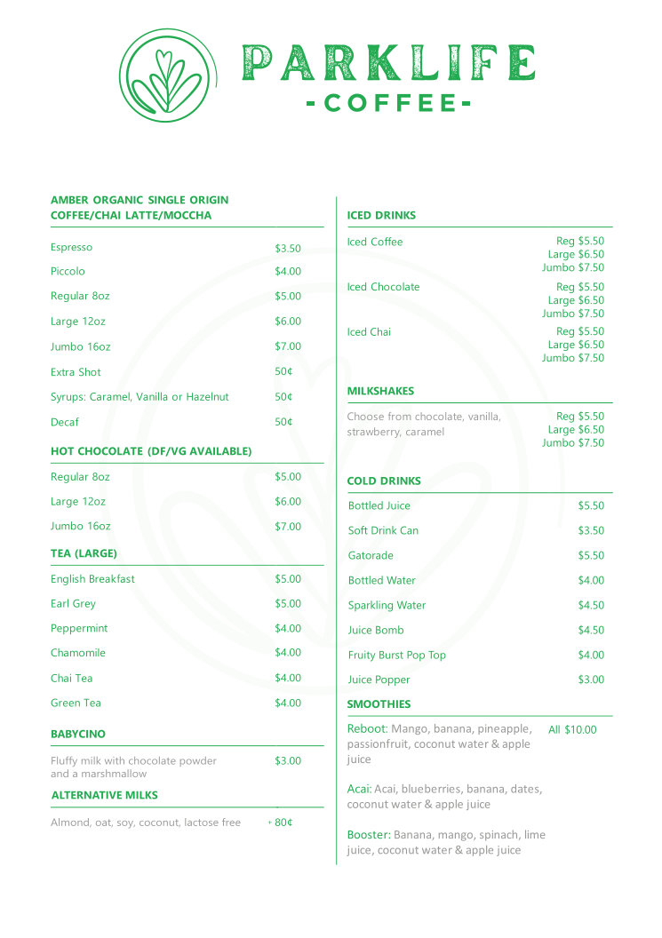 Menu, Parklife Coffee