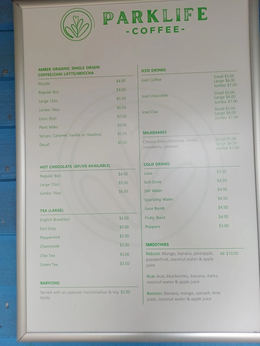 Menu, Parklife Coffee