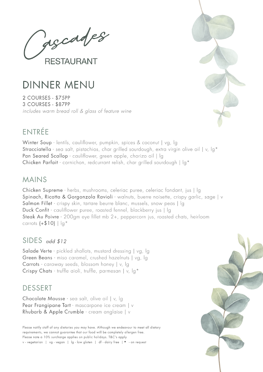 Menu, Cascades Restaurant