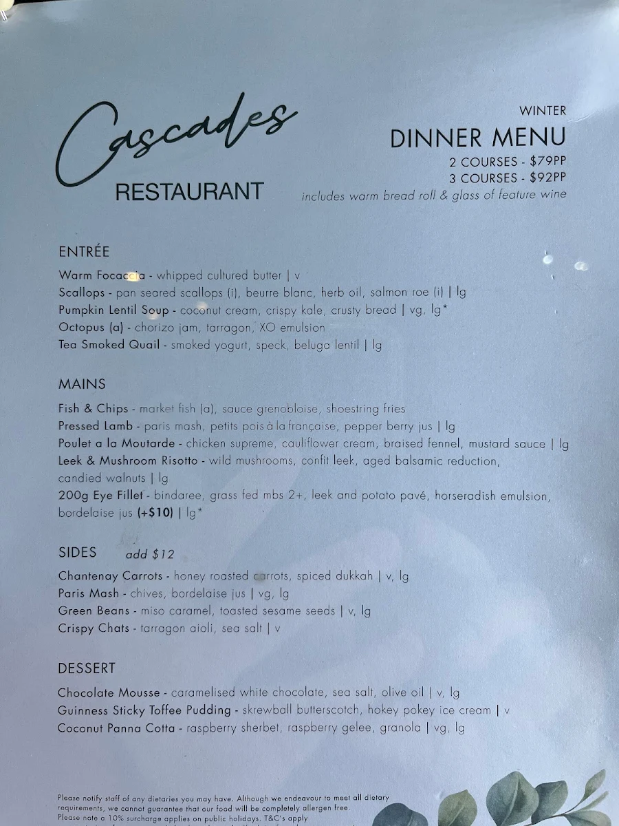 Menu, Cascades Restaurant