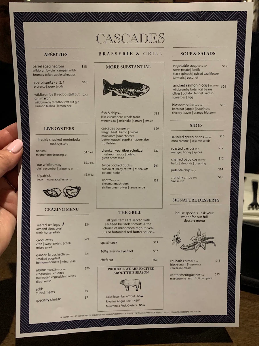 Menu, Cascades Restaurant
