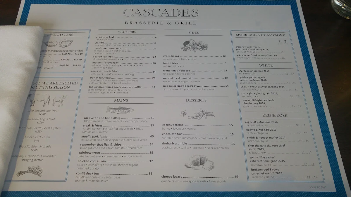 Menu, Cascades Restaurant