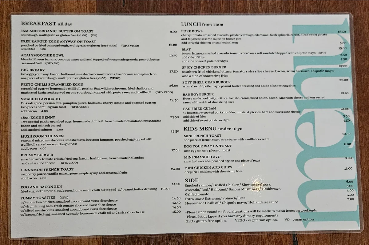 Menu, Café 1809