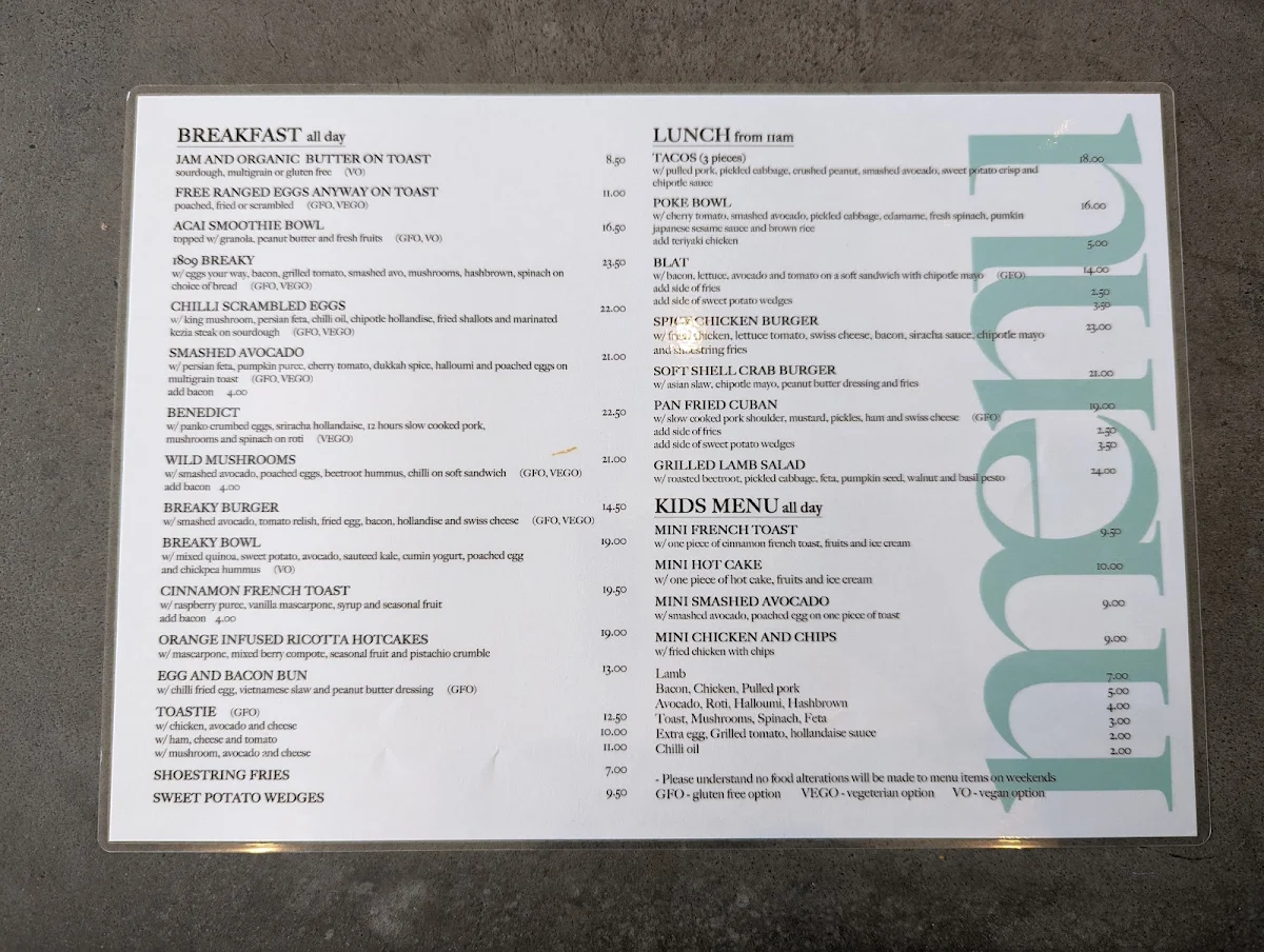 Menu, Café 1809