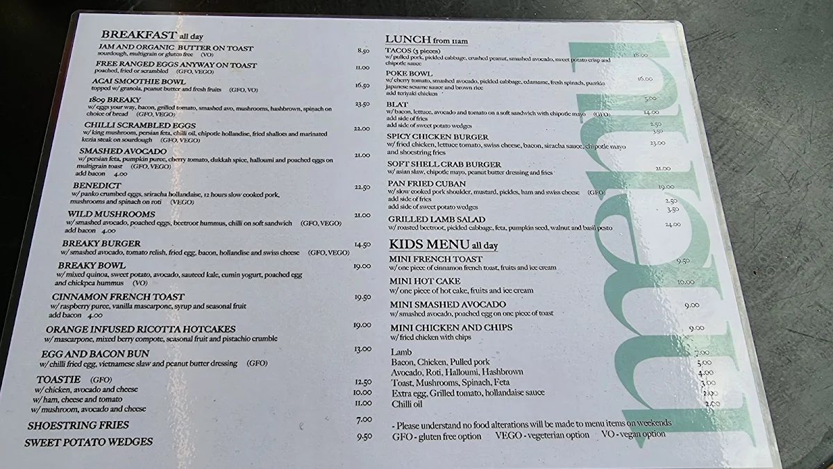 Menu, Café 1809