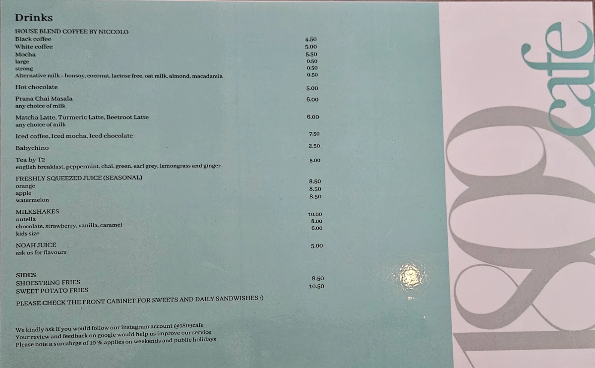 Menu, Café 1809
