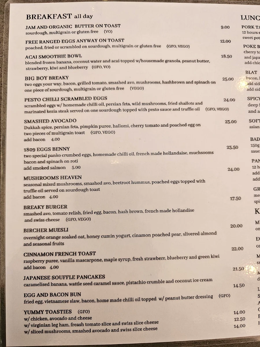 Menu, Café 1809
