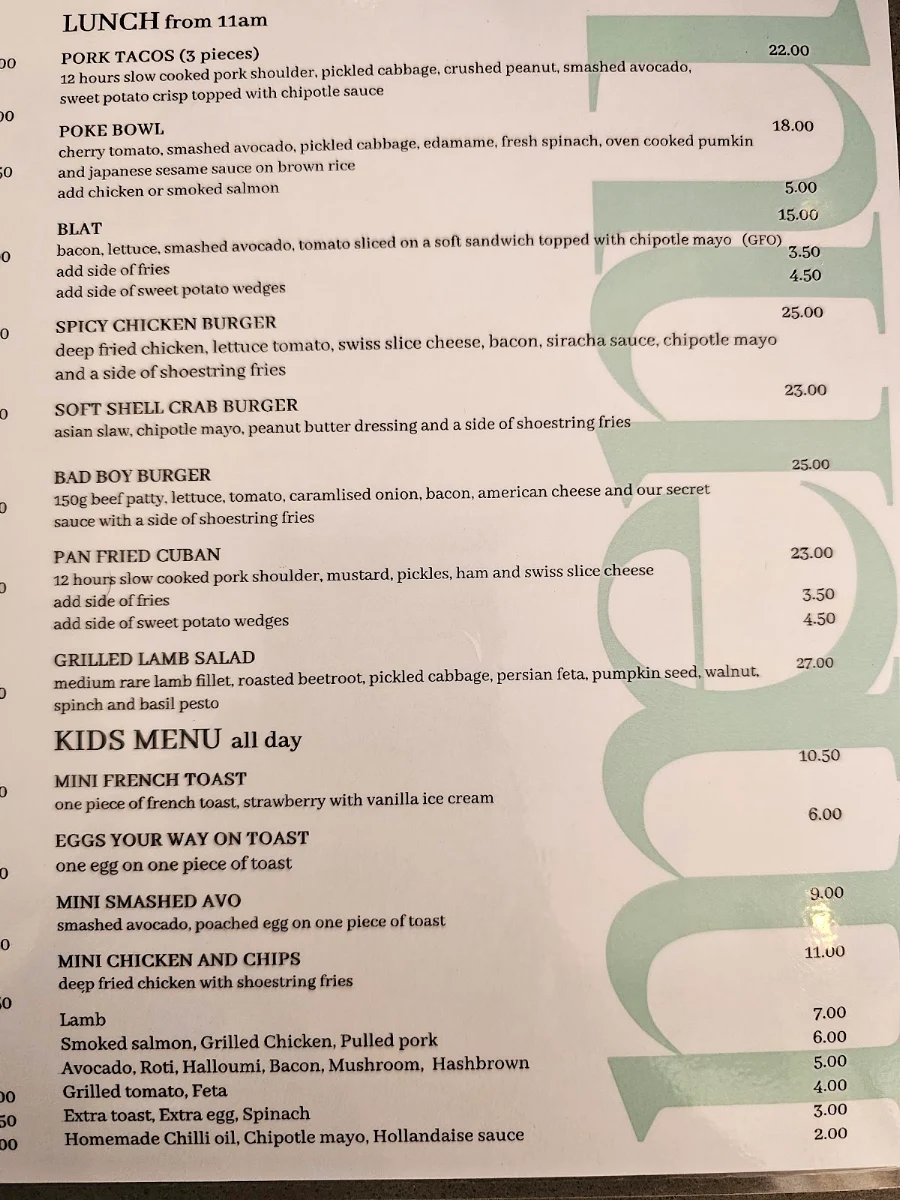 Menu, Café 1809