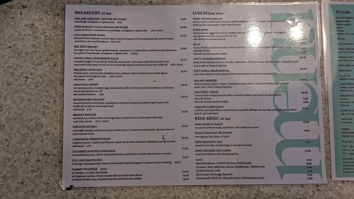 Menu, Café 1809