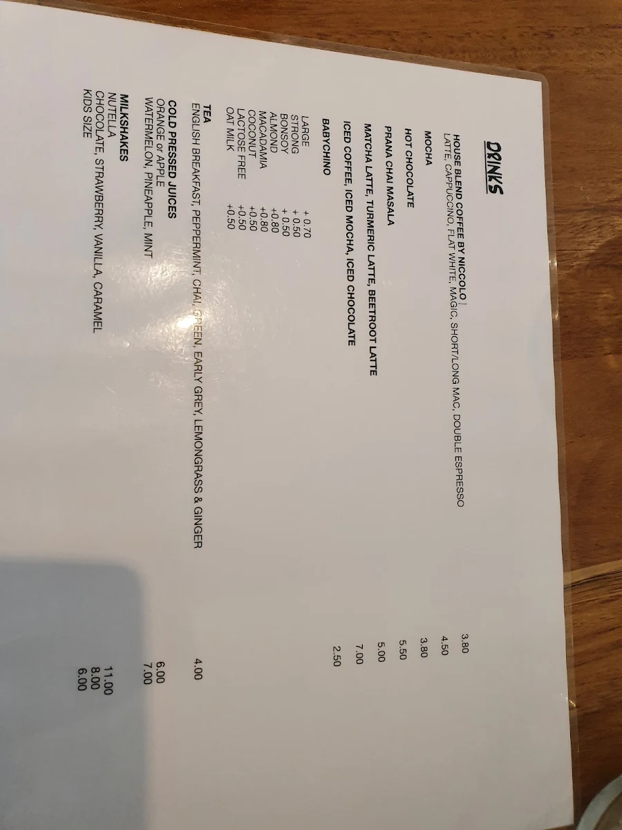 Menu, Café 1809