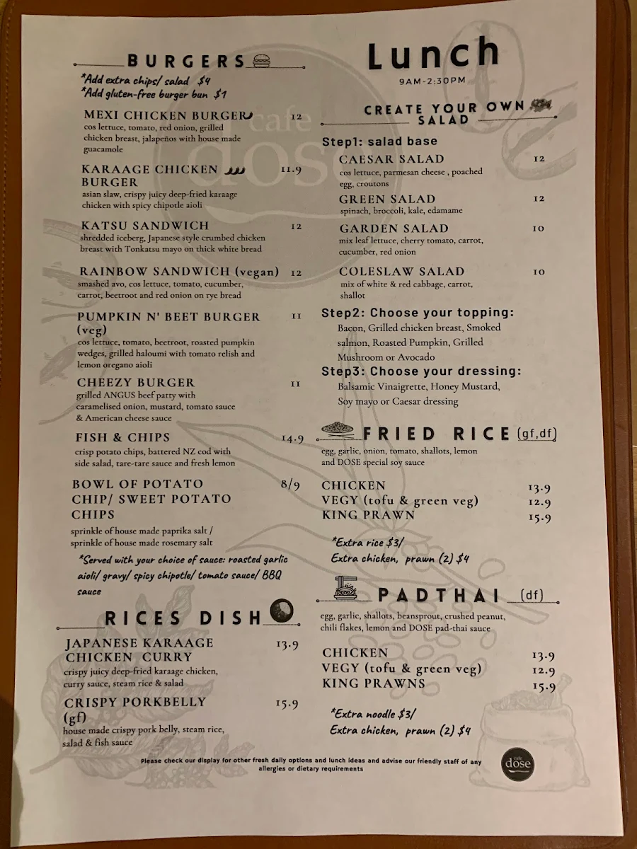 Menu, Cafe Dose