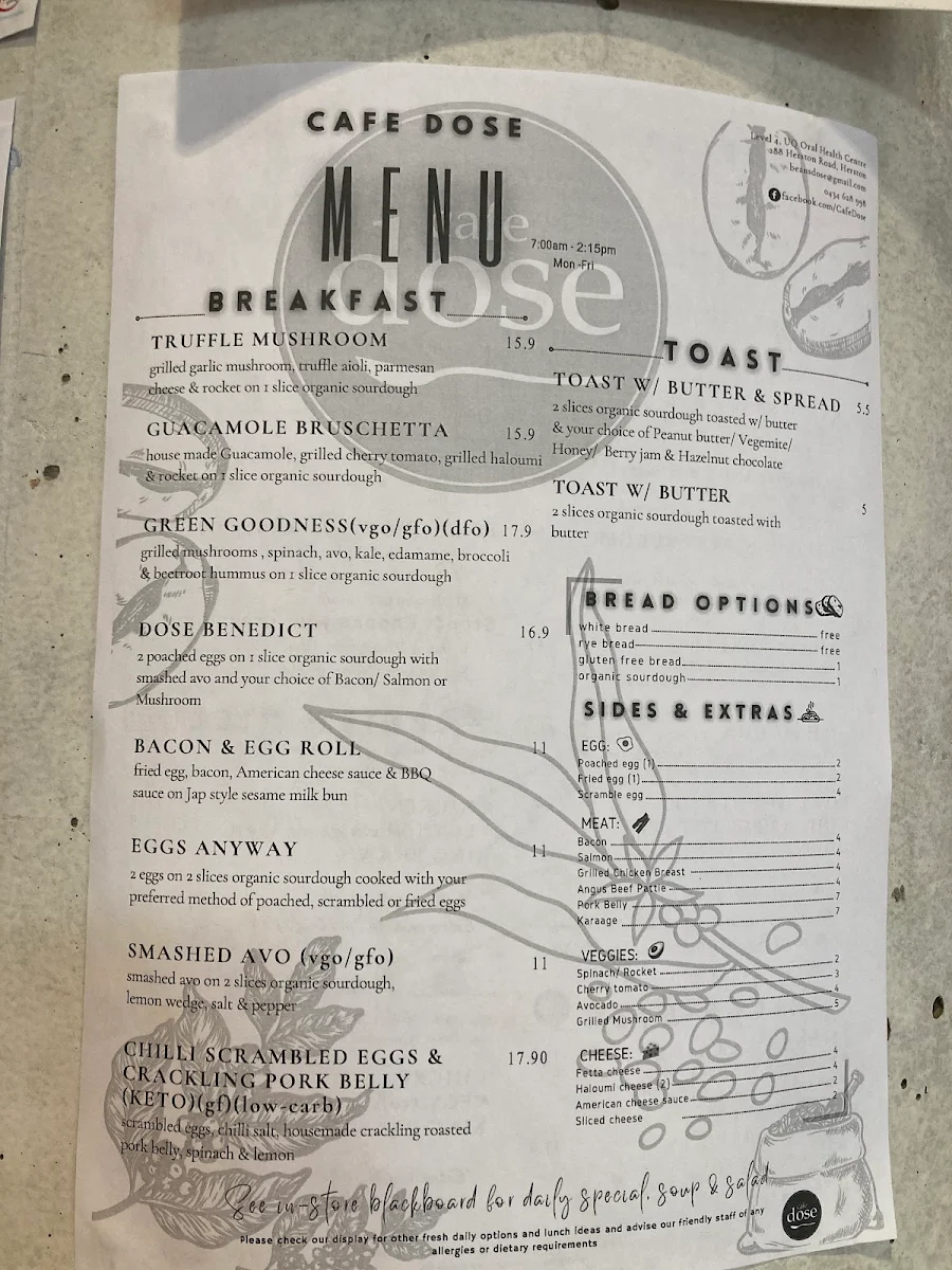Menu, Cafe Dose