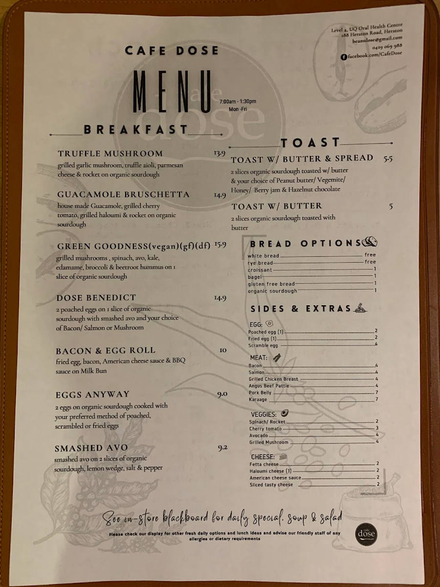Menu, Cafe Dose