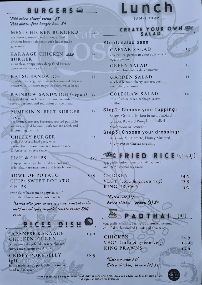 Menu, Cafe Dose
