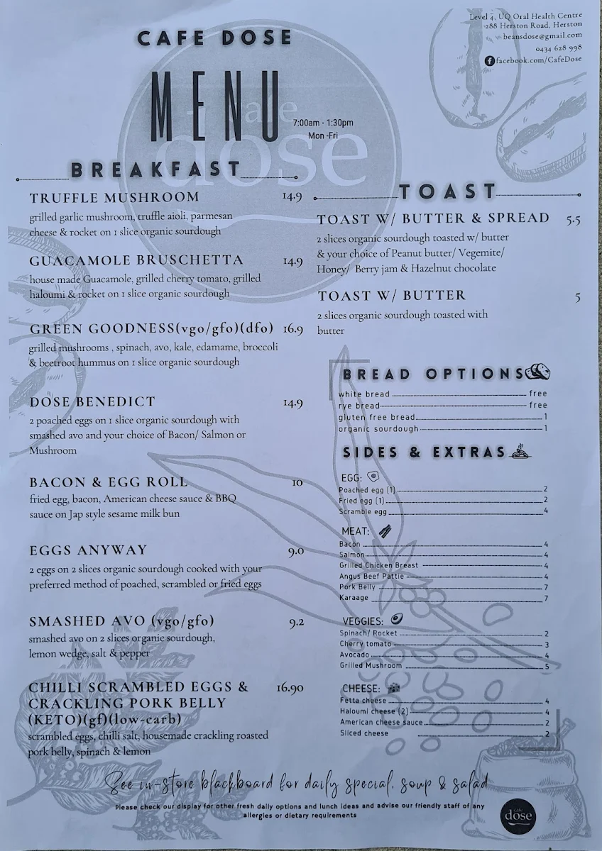 Menu, Cafe Dose